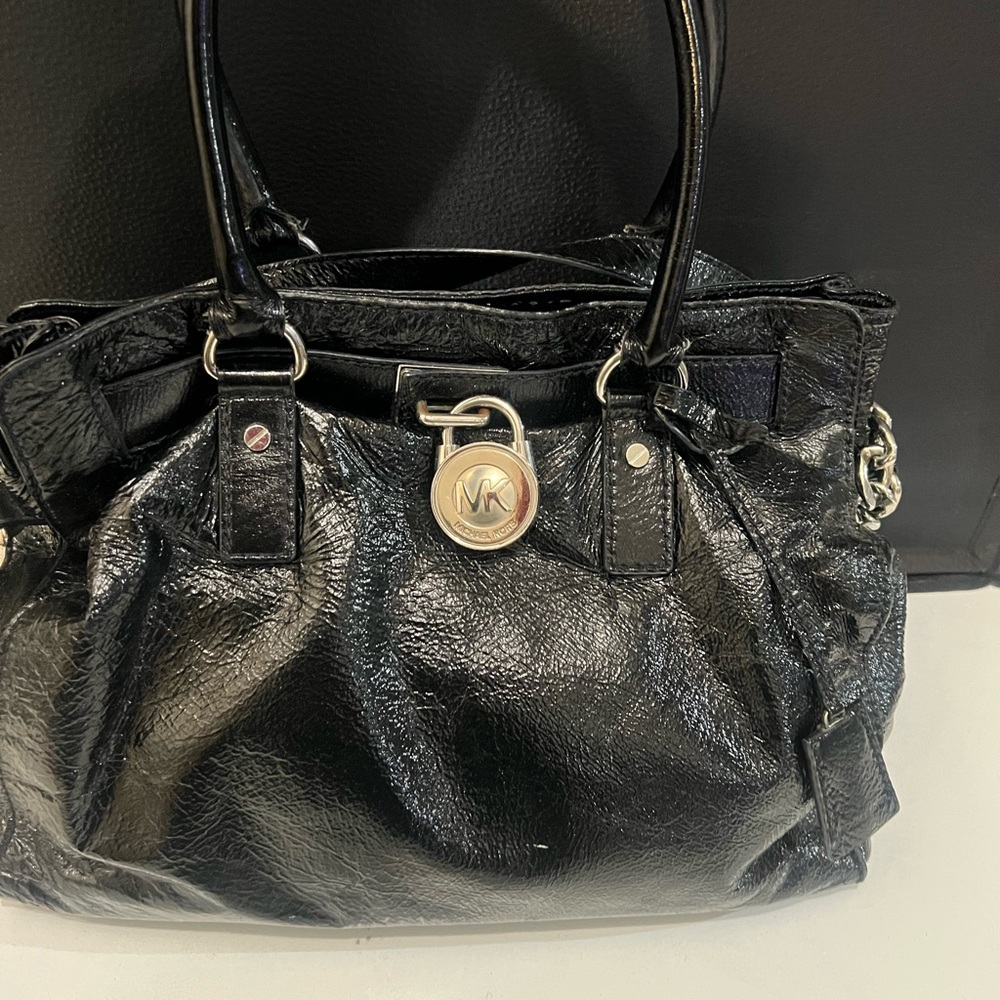 Michael Kors Black Patent Leather Satchel with Signature MK Padlock